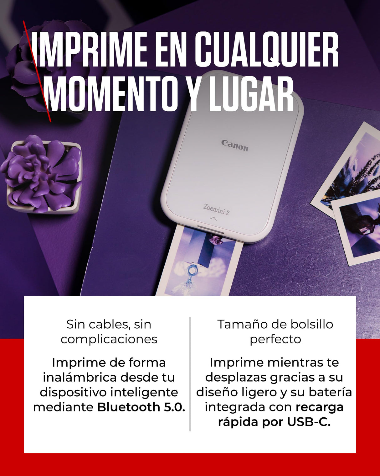 Canon Zoemini 2, Impresora Fotográfica Instantánea y compacta (para Smartphones), Impresión Zink sin Tinta sobre Papel Térmico (50x76 mm), Bluetooth 5.0, Carga USB-C, Blanco