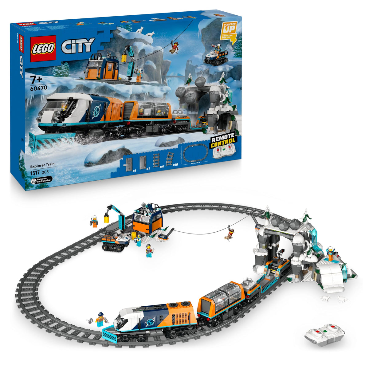 LEGO City Tren Expreso Polar Ártico de los Exploradores - Tren de Juguete Teledirigido - Quitanieves, 22 Tramos de Vías, 6 Minifiguras y Caída de Rocas - Regalo para Niños y Niñas de 7+ Años 60470
