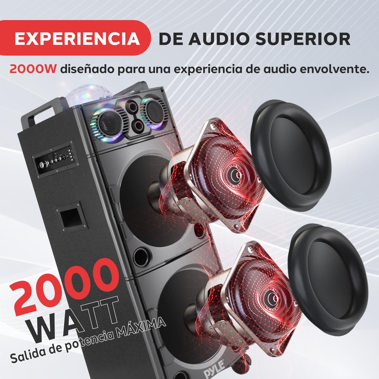 PYLE Altavoz Bluetooth, PA, 2000W, Portatil, Recargable, Exteriores, Subwoofer de 10”, Tweeter de 1”, función de grabación, micrófono, Luces de Fiesta, Radio USB/SD
