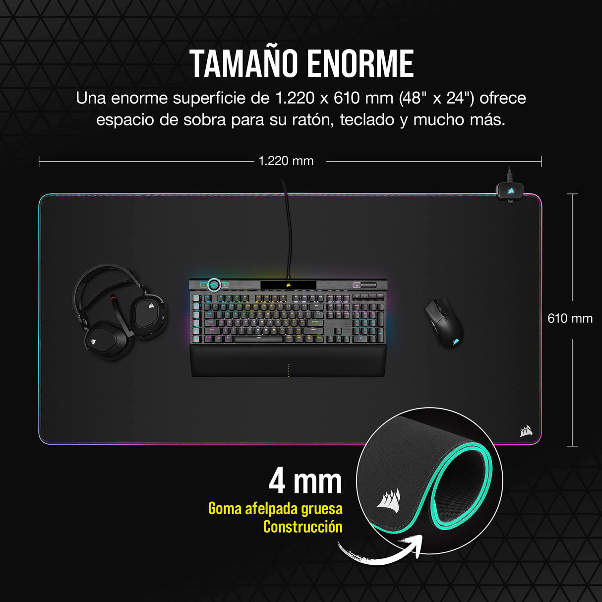 Corsair MM700 RGB Extended 3XL Alfombrilla de Ratón para Juegos con Superficie de Tela - Superficie de 1220 × 610 mm - Iluminación RGB de 360° y Tres Zonas - Hub USB con Dos Puertos - Negro