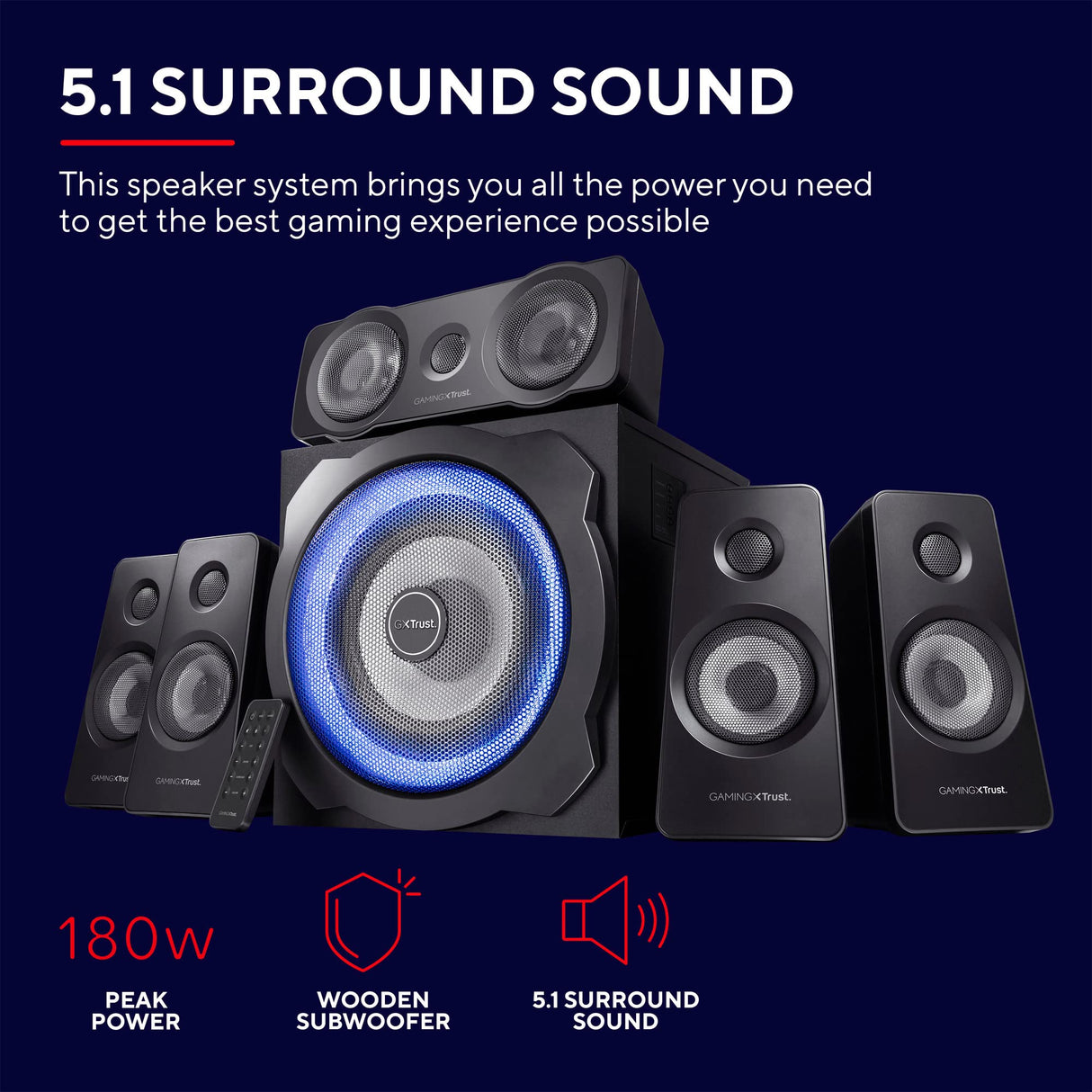 Trust Gaming GXT 658 Tytan 5.1 Sistema de Altavoces con Iluminación LED y Sonido Envolvente, Altavoz Alámbrico, Speaker para PC, Ordenador Portátil, Smart TV, Consola - Negro