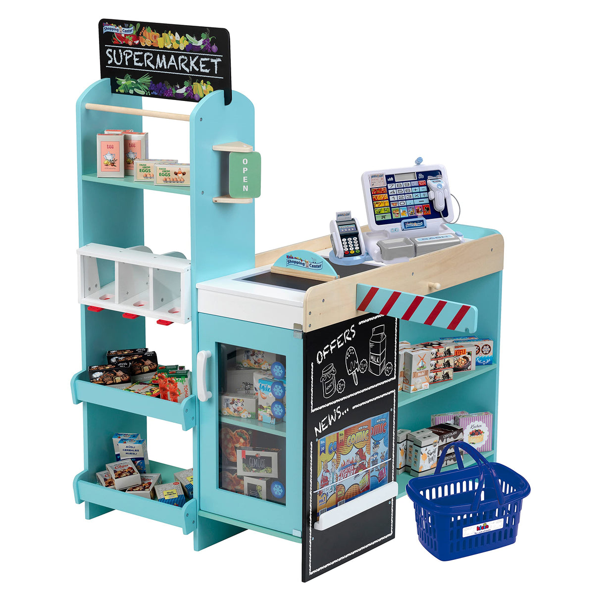 Theo Klein 9396 Artículo de promoción nº 1 de Shopping Center, madera | supermercado que incluye una caja registradora con tableta y una cesta de la compra | Juguetes para niños a partir de 3 años