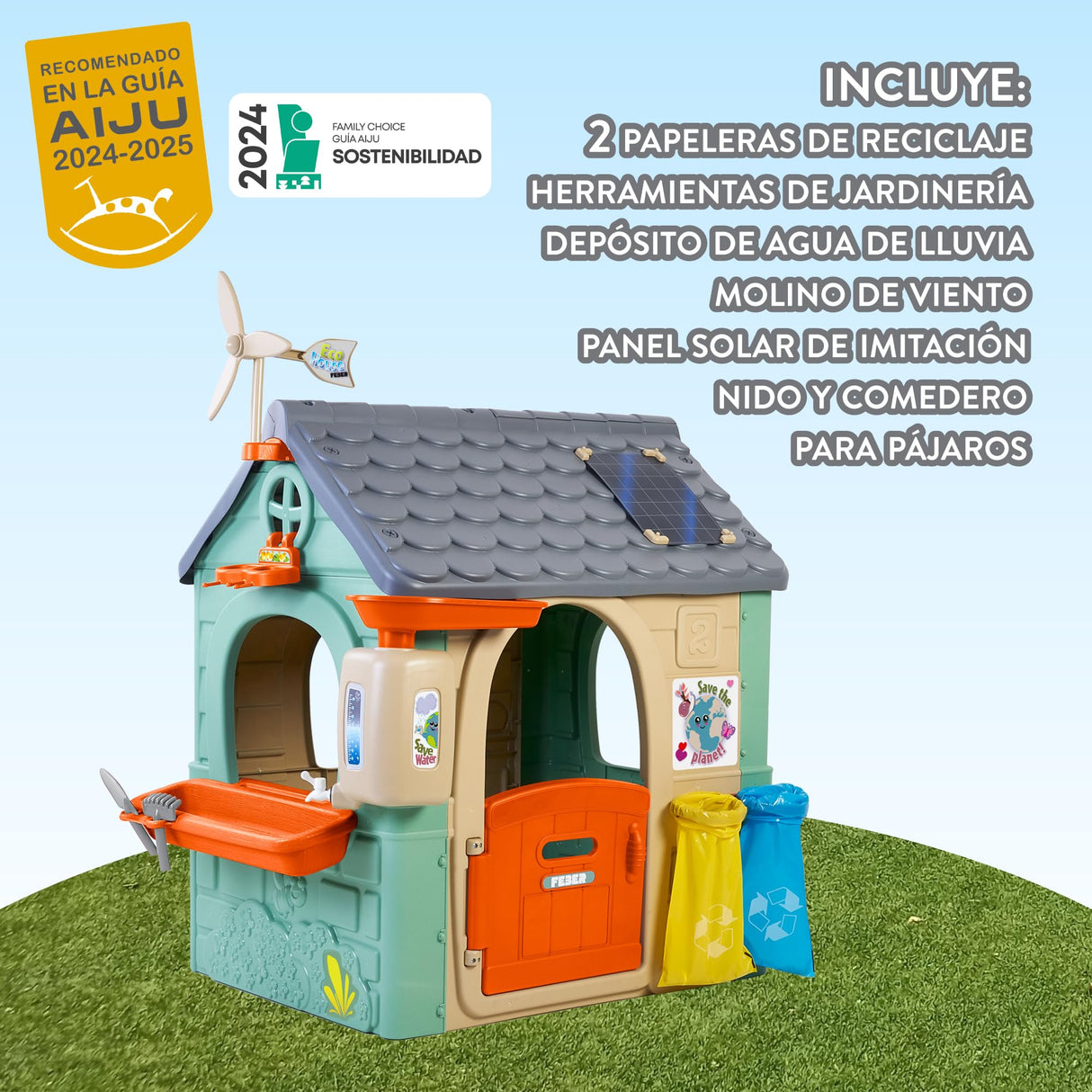 FEBER - Recycle Eco House, Casita Infantil Hecha de Plástico Reciclado, Puerta Abatible, Colores Luminosos y Resistentes a la Luz Solar, Montaje Fácil, A Partir de 3 años, Famosa (FEH26000)
