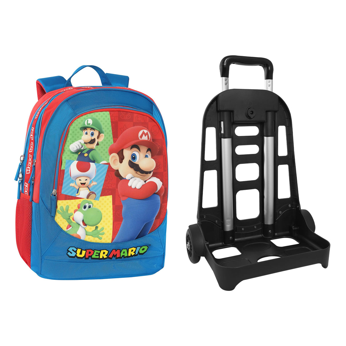 Super Mario – Mochila escolar con ruedas desmontable, ruedas reemplazables, asa ajustable, 2 compartimentos principales, bolsillo frontal, correas acolchadas, 34 x 52 x 22 cm, turquesa, 34x52hx22