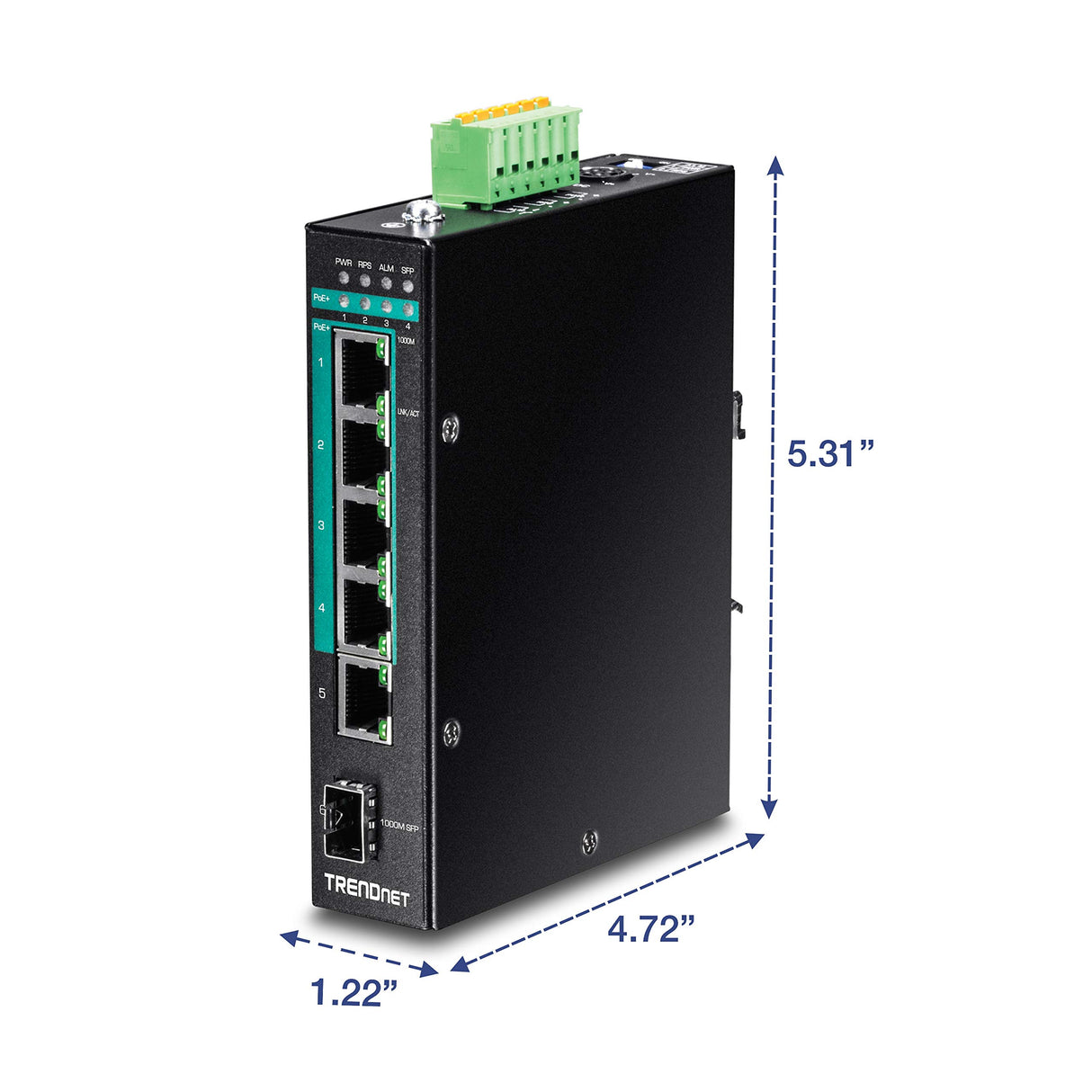 TRENDnet, TI-PG541i, Switch DIN-Rail administrado de Capa 2 PoE+ Gigabit Industrial Reforzado de 6 Puertos, 4 Puertos Gigabit PoE+ 802.3at, 1 Puerto Gigabit, 1 Ranura SFP Gigabit, Consumo de 120 W