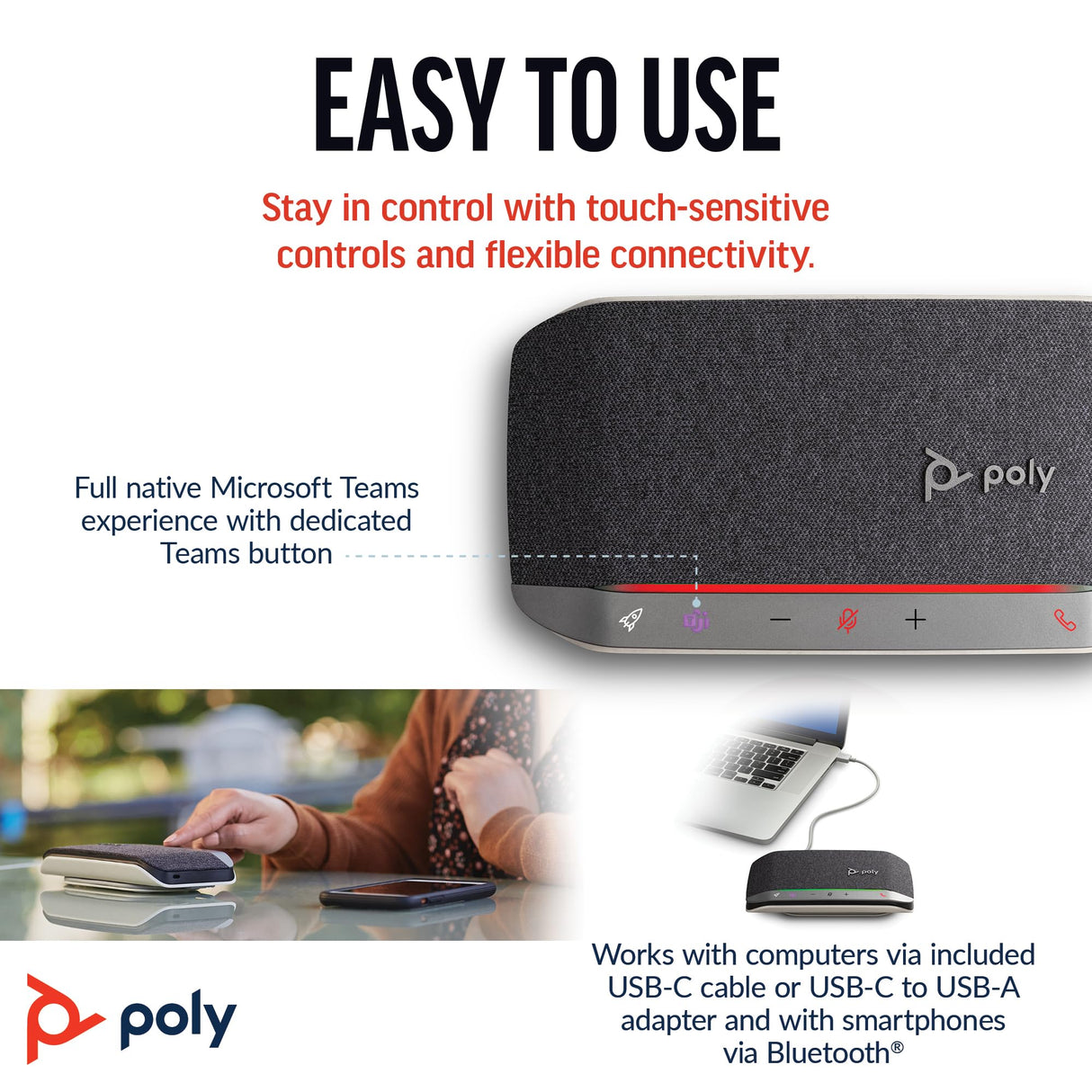 Altavoz manos libres Bluetooth portátil personal Poly Sync 20 (Plantronics) - Larga duración de la batería - Reducción del ruido o de ecos, Funciona: Teams (certificado), Zoom, PC, teléfonos celulares