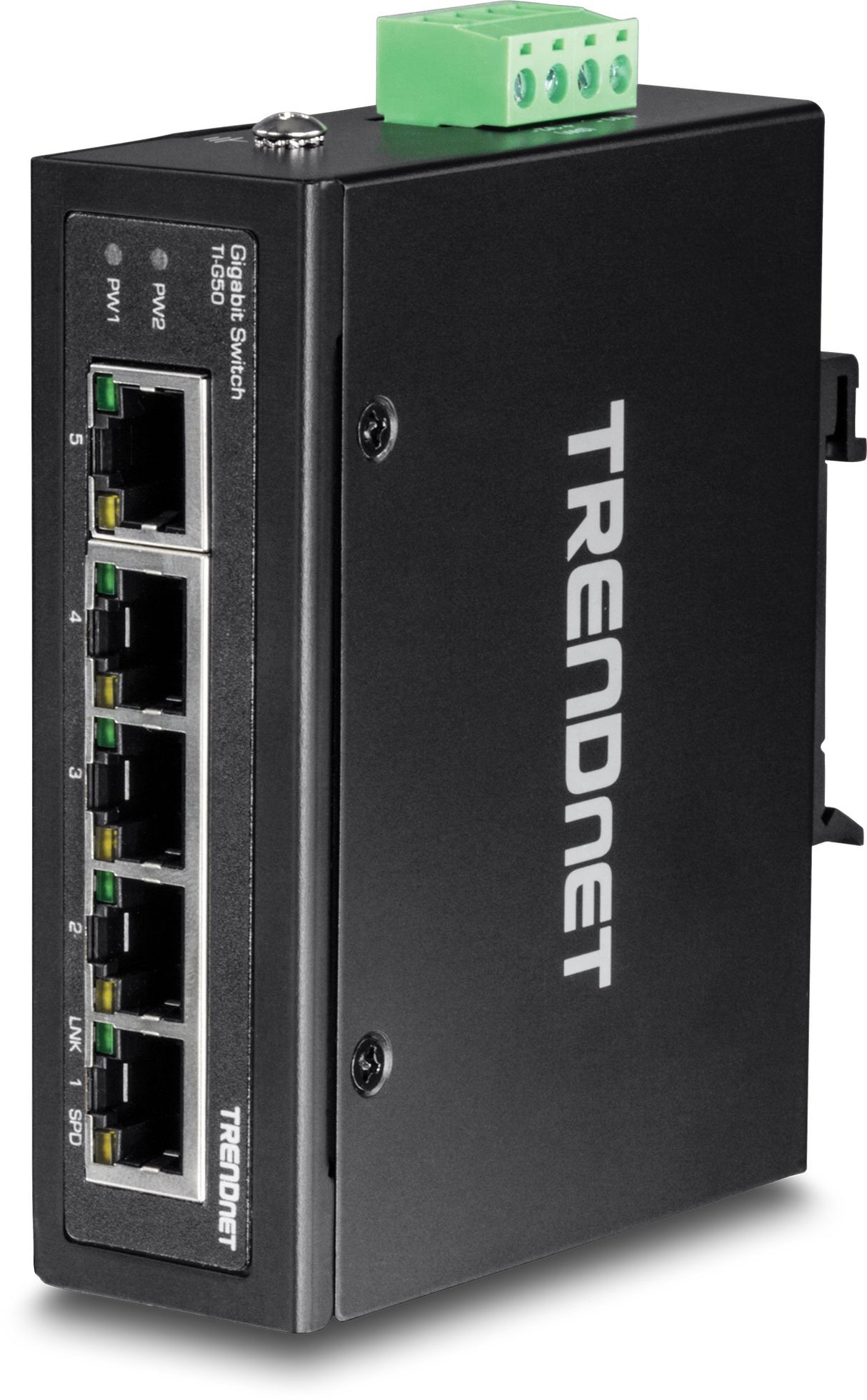 Trendnet, TI-G50, Switch DIN-Rail Industrial Ethernet Gigabit de 5 Puertos, Capacidad de conmutación de 10 Gbps, clasificación IP30 (-40 °C a 167 °F), Incluye Soportes para Montaje en Pared