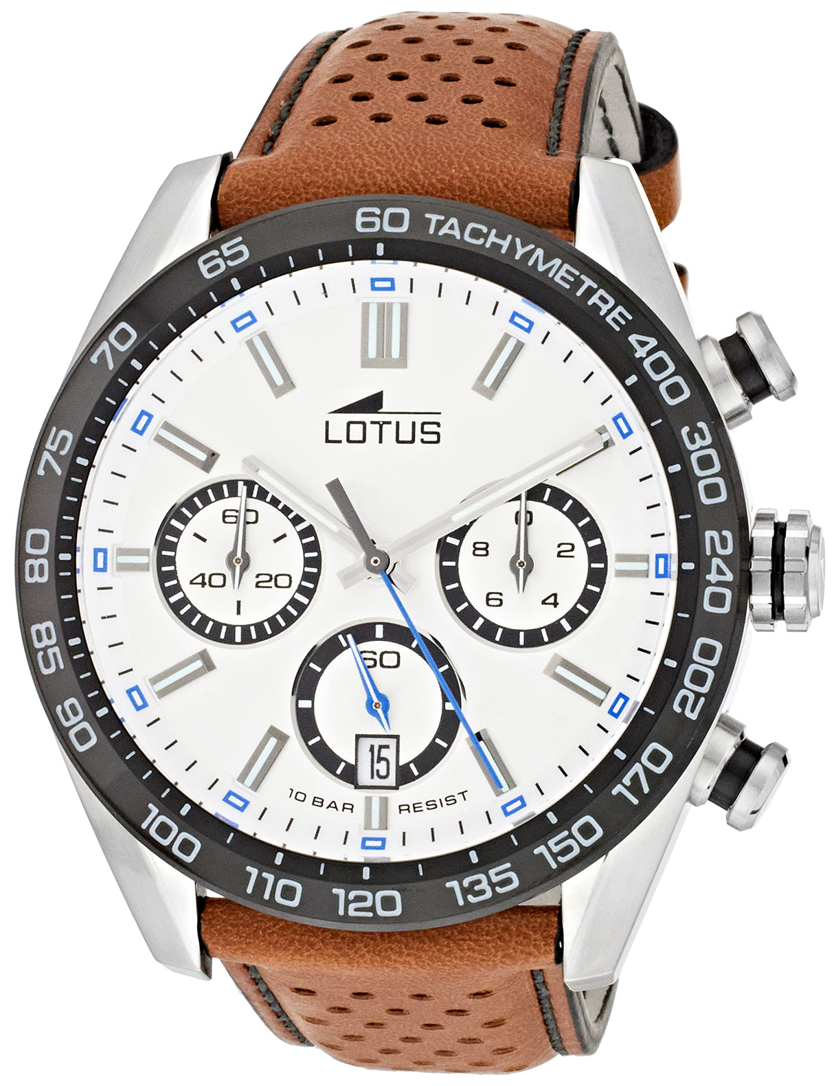 LOTUS Reloj Hombre 18915/1 Chrono Caja de Acero Inoxidable 316l Plateado Correa de Cuero Marrón