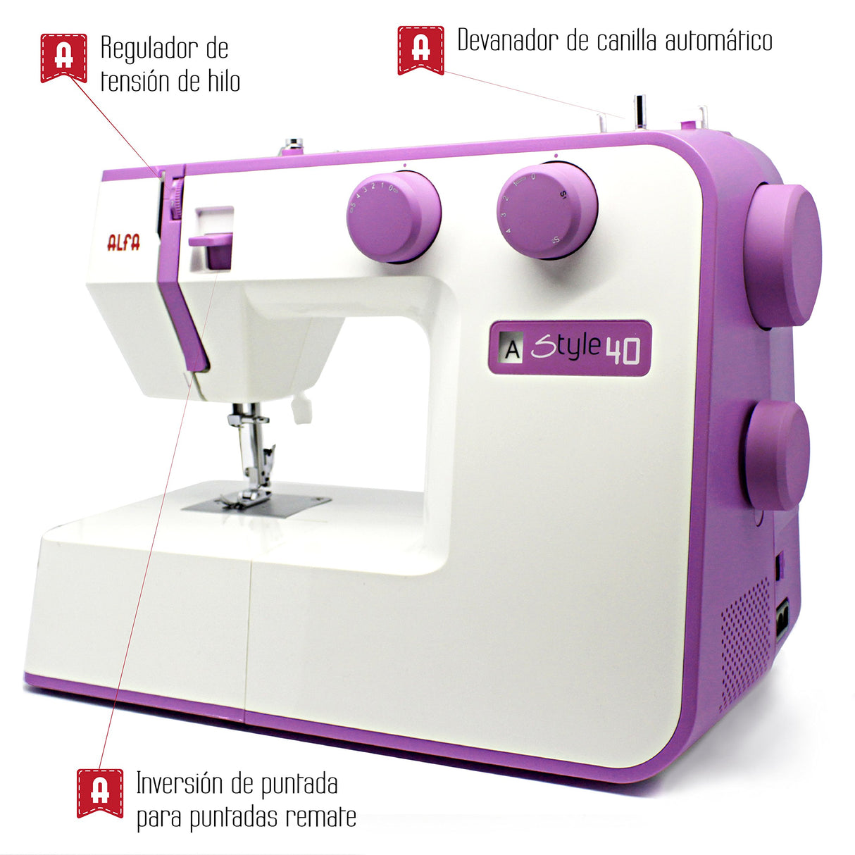 ALFA Máquina de Coser, Style 40, Morada, 31 Puntadas, 30 x 19 x 41 Cm, Accesorios Incluidos