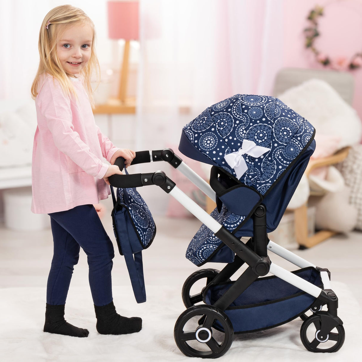 Bayer Design 17073AB Cochecito de muñeca Combi Xeo, Carro para muñecos, Bolsa, Convertible, Regulable en Altura