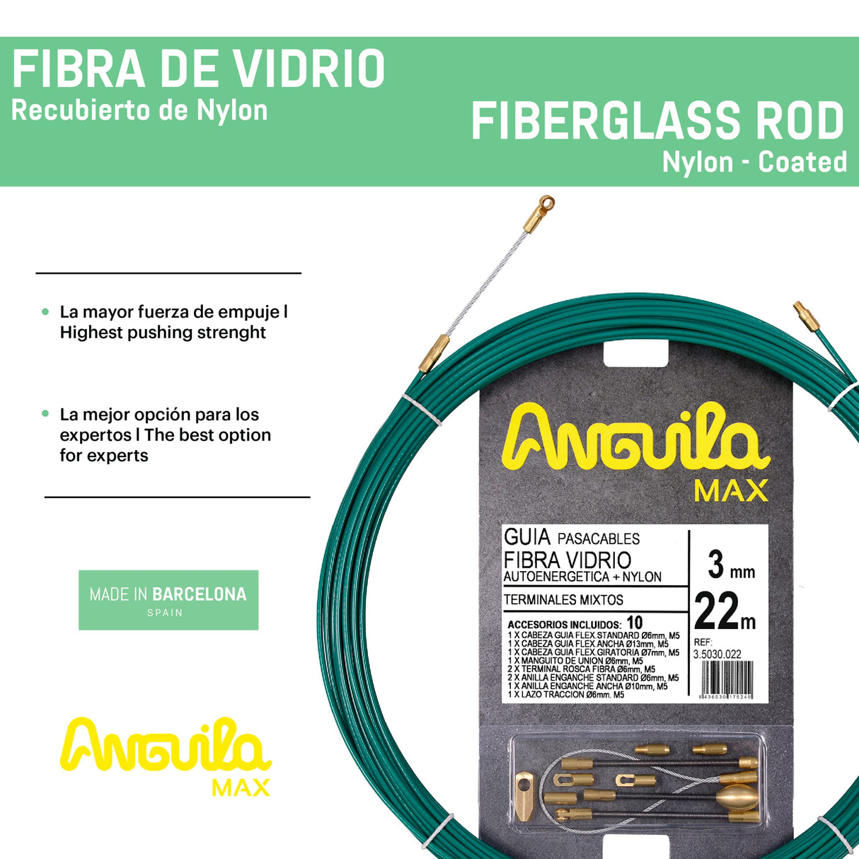 Anguila Max| Guía Pasacables| Fibra de Vidrio Reforzada| Nylon| Terminales Mixtos| Color Verde| Diámetro 3mm| 22 metros