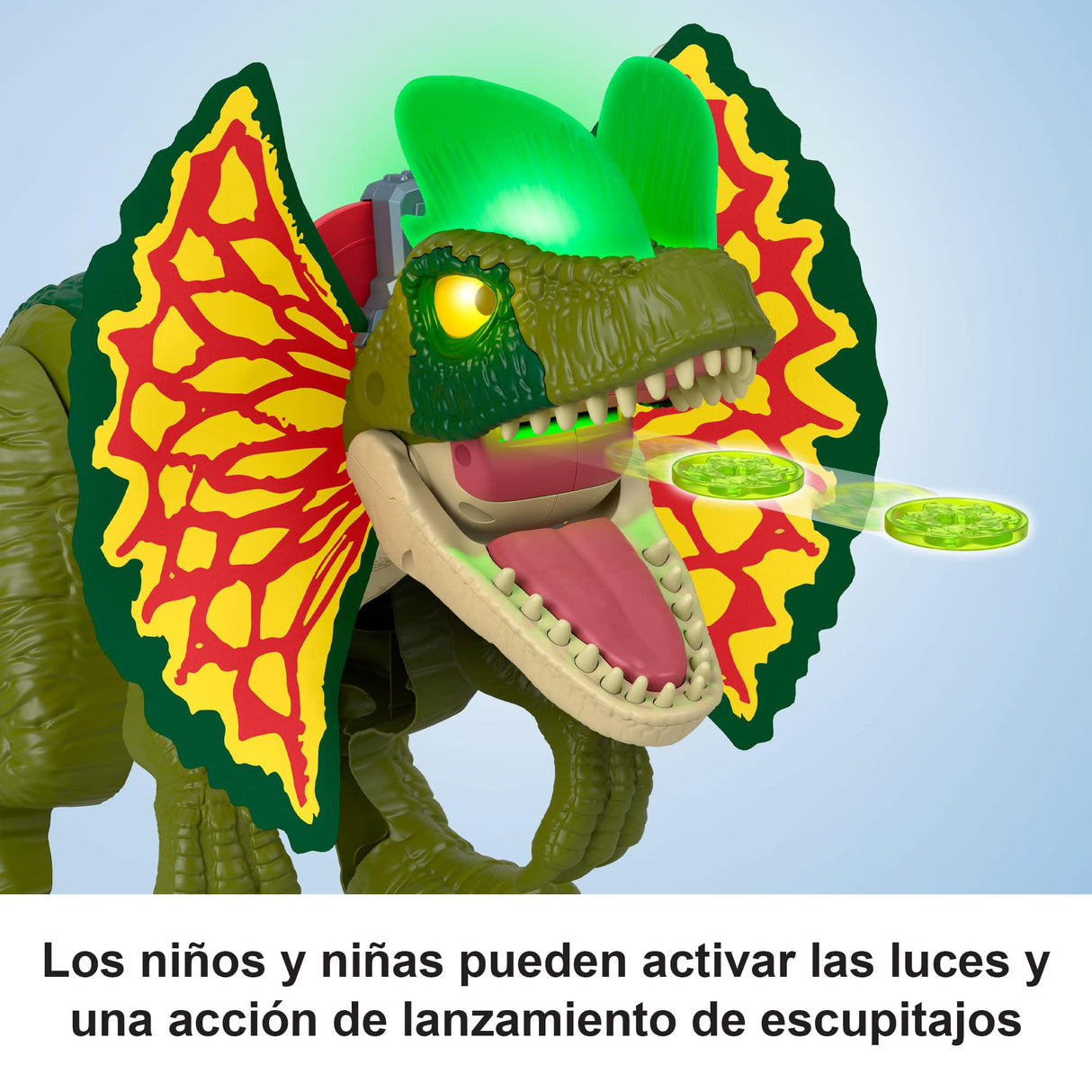 Fisher-Price Imaginext Jurassic World Thrash Attack Dilophosaurus, Dinosaurio de Juguete Extragrande con Luces y Sonidos Que Lanza proyectiles, Regalo para niños y niñas +3 años, HVY16