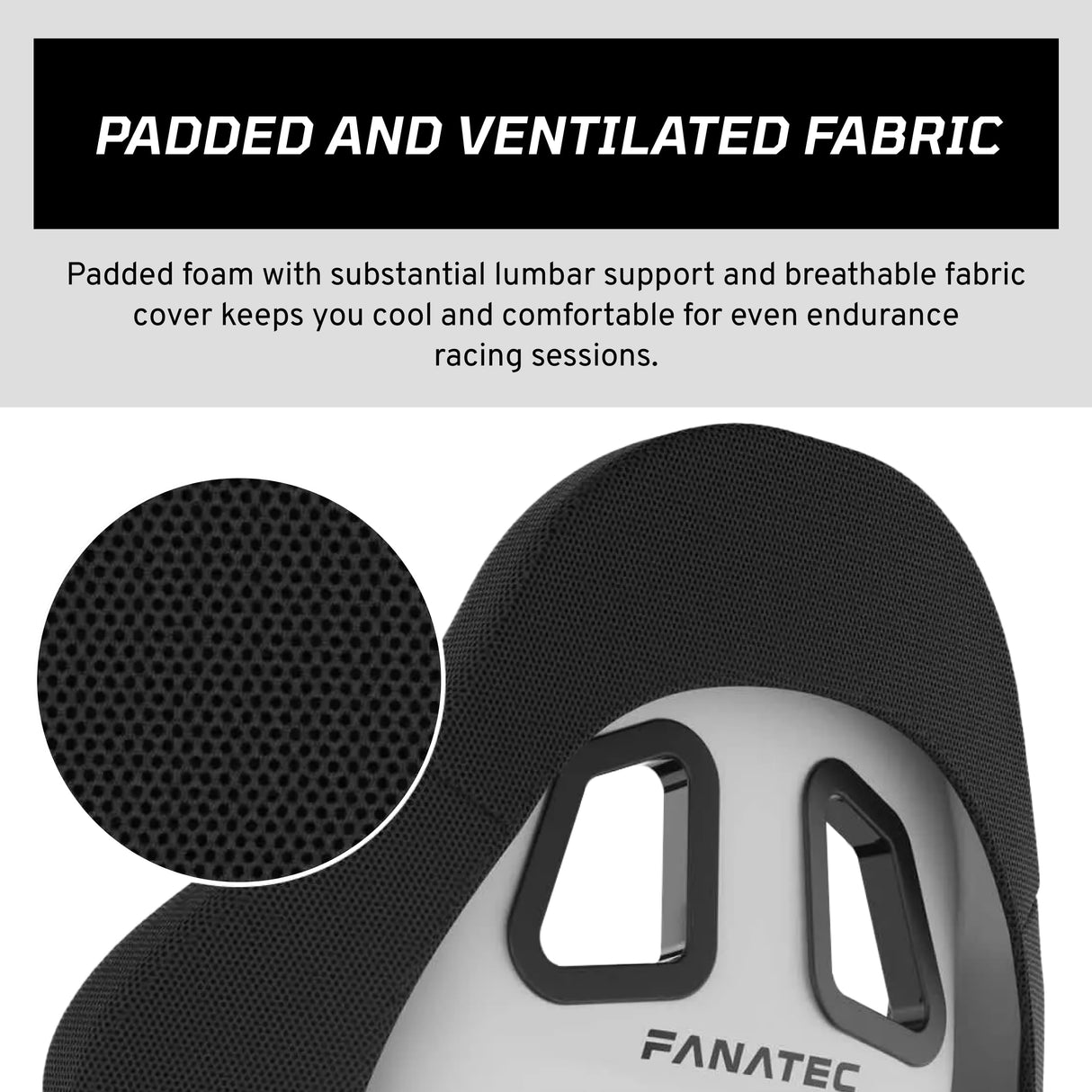 FANATEC ClubSport GT Sim Racing Asiento – Rígido y Duradero, Carcasa Reforzada con Fibra, Espuma Acolchada, Tejido Transpirable, Soporte Lumbar – Blanco