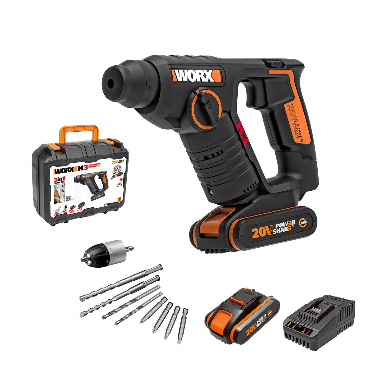 WORX WX394.6 H3 | Martillo sds-plus 20V | Función de taladro | Incluye 2 baterías de 2Ah, cargador y maletín | 3 Funciones | Ligero y compacto | Ideal para taladros en el techo