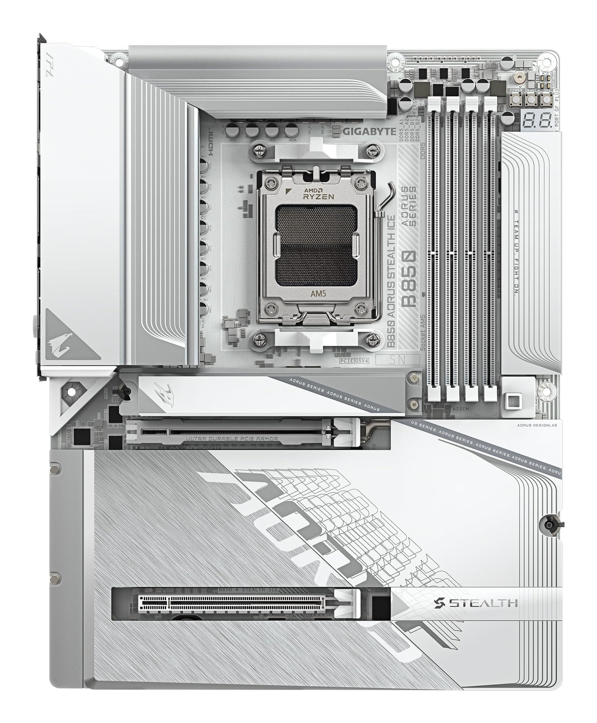 GIGABYTE B850 AORUS Stealth Ice Placa Base – Procesadores AMD Ryzen Serie 9000, VRM Digital de 14+2+2 Fases, hasta 8200 MHz DDR5 (OC), 2 x M.2 PCIe 5.0 + 2 x PCIe 4.0, Wi-Fi 7, LAN 5 GbE