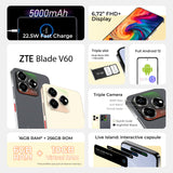 ZTE Blade V60 Smartphone (4G). 6.6” FHD+ | MediaTek Helio G85 | 4GB RAM + 128GB ROM | Cámara 48MP + 8MP | Batería 5000mAh con Carga Rápida 18W | Dual SIM | Android 11 | Ideal para Juegos.