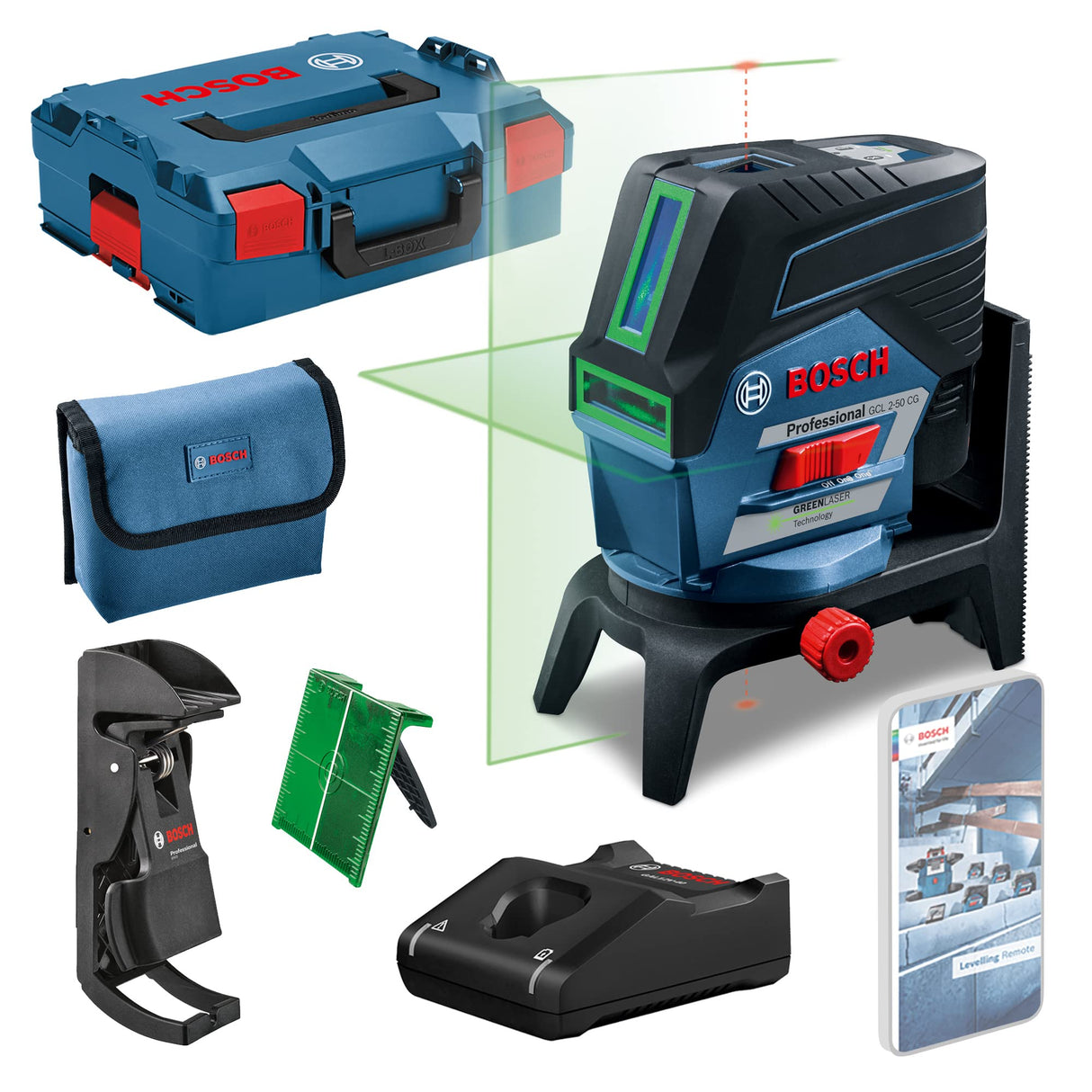 Bosch Professional Sistema 12V Nivel Láser GCL 2-50 CG (1 batería 12V + cargador, láser verde, c/función aplicación, soporte, alcance visible: hasta 20 m, en L-BOXX)