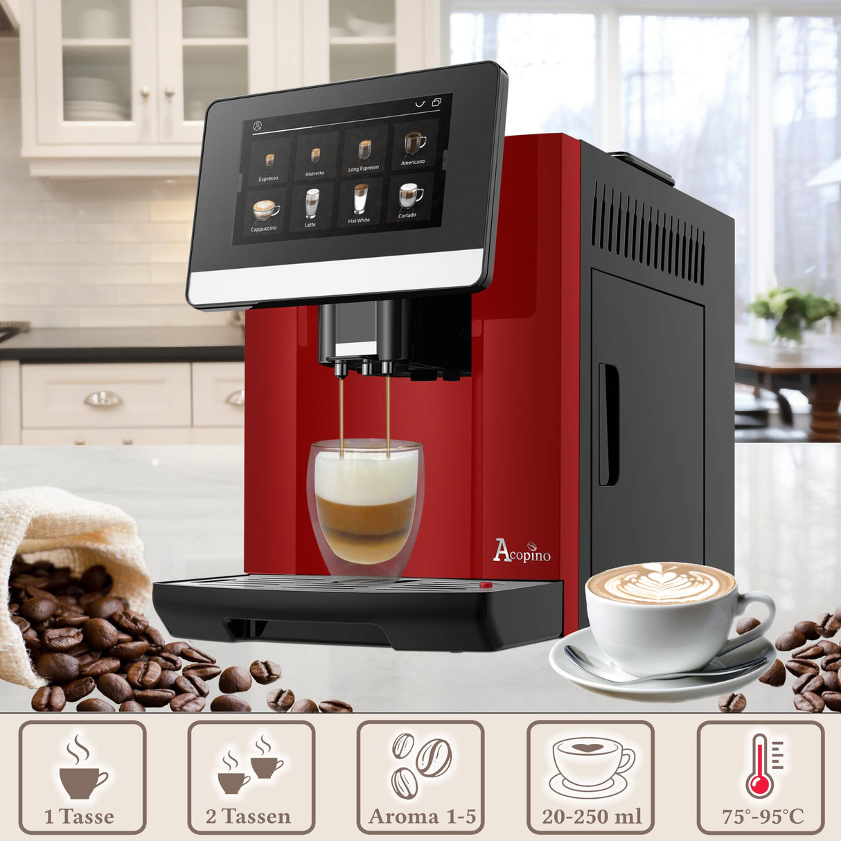 Acopino Cafetera automática Barletta, gran pantalla a color, con sistema de leche para un disfrute perfecto del café (rojo)