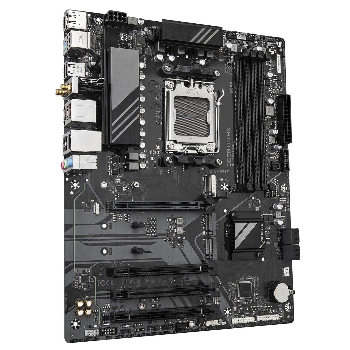GIGABYTE B650 UD AX Placa Base - Compatible con CPUs AMD Ryzen Serie 9000, VRM de 6+2+2 Fases, hasta 7600MHz DDR5 (OC), 1x PCIe 5.0 + 2X PCIe 4.0 M.2, LAN GbE, Wi-Fi 6, USB 3.2 Gen 2