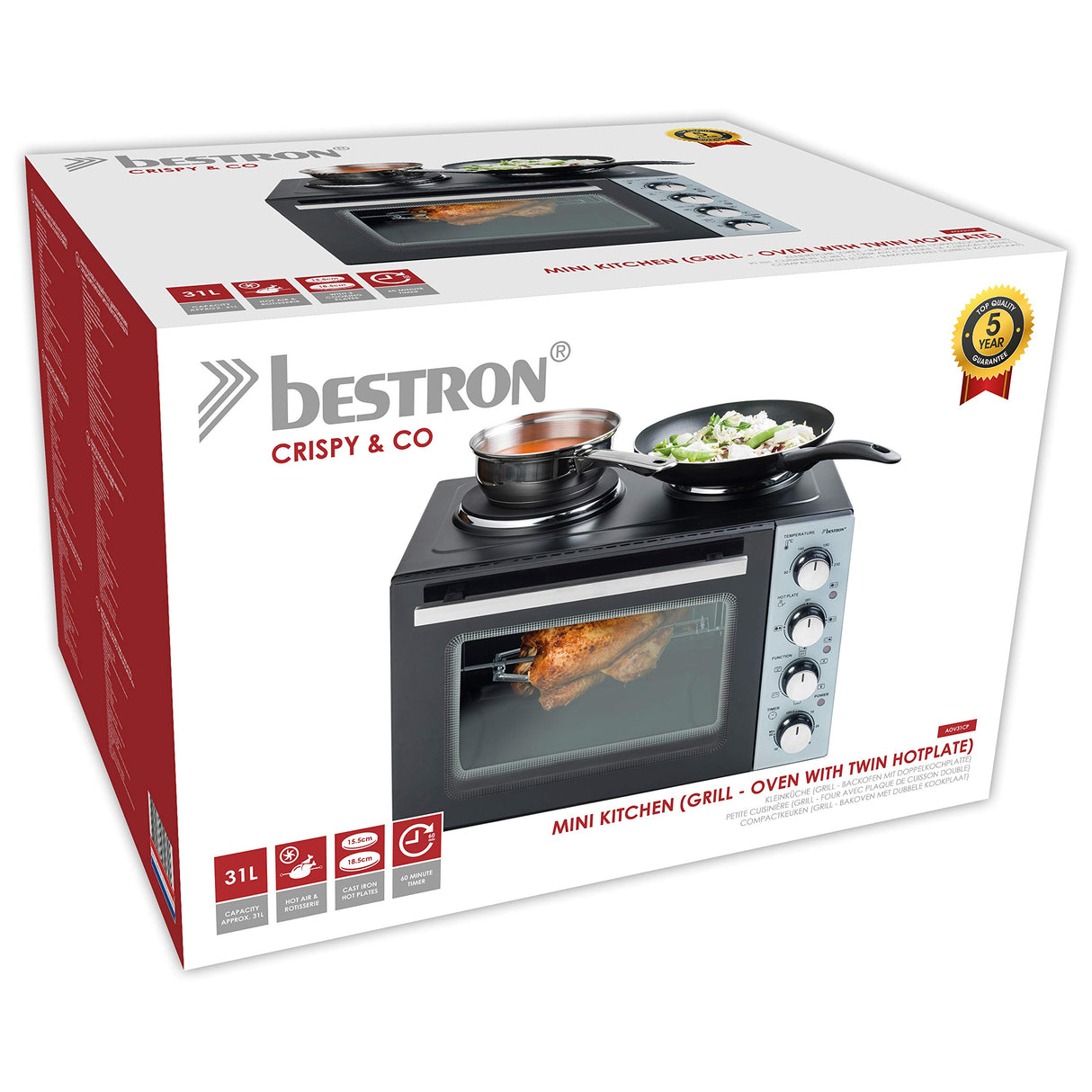 Bestron Pequeña Cocina, Mini Horno con Doble Placa de Cocción, Calor Superior/Inferior con Función de Aire Circulante hasta 230°C, 3200 Vatios, Negro