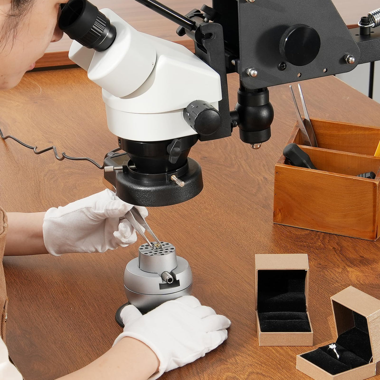 Microscopio multidireccional VEVOR con soporte de resorte, microscopio de joyería con aumento de 7X-45X, soporte para incrustaciones de microjoyas con luz LED de anillo USB integrada y tornillo de ban