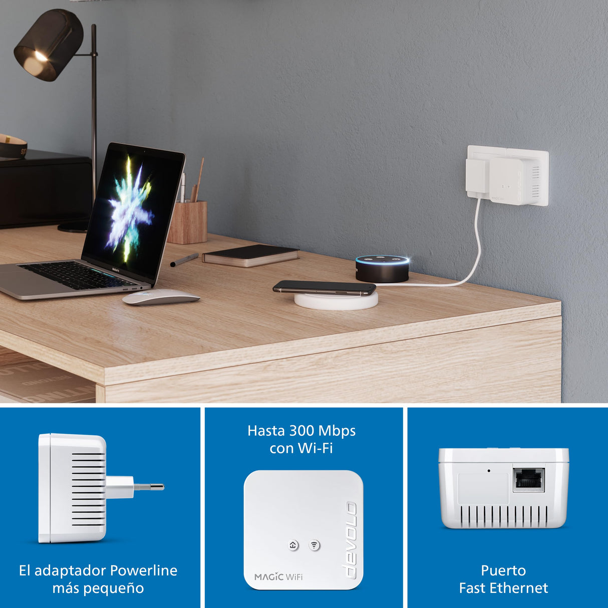 devolo Adaptador WLAN Powerline 8578, mini kit multihabitación WiFi Magic 1, hasta 1200 Mbps, amplificador WLAN Mesh, 2 conexiones LAN, dLAN 2.0, blanco