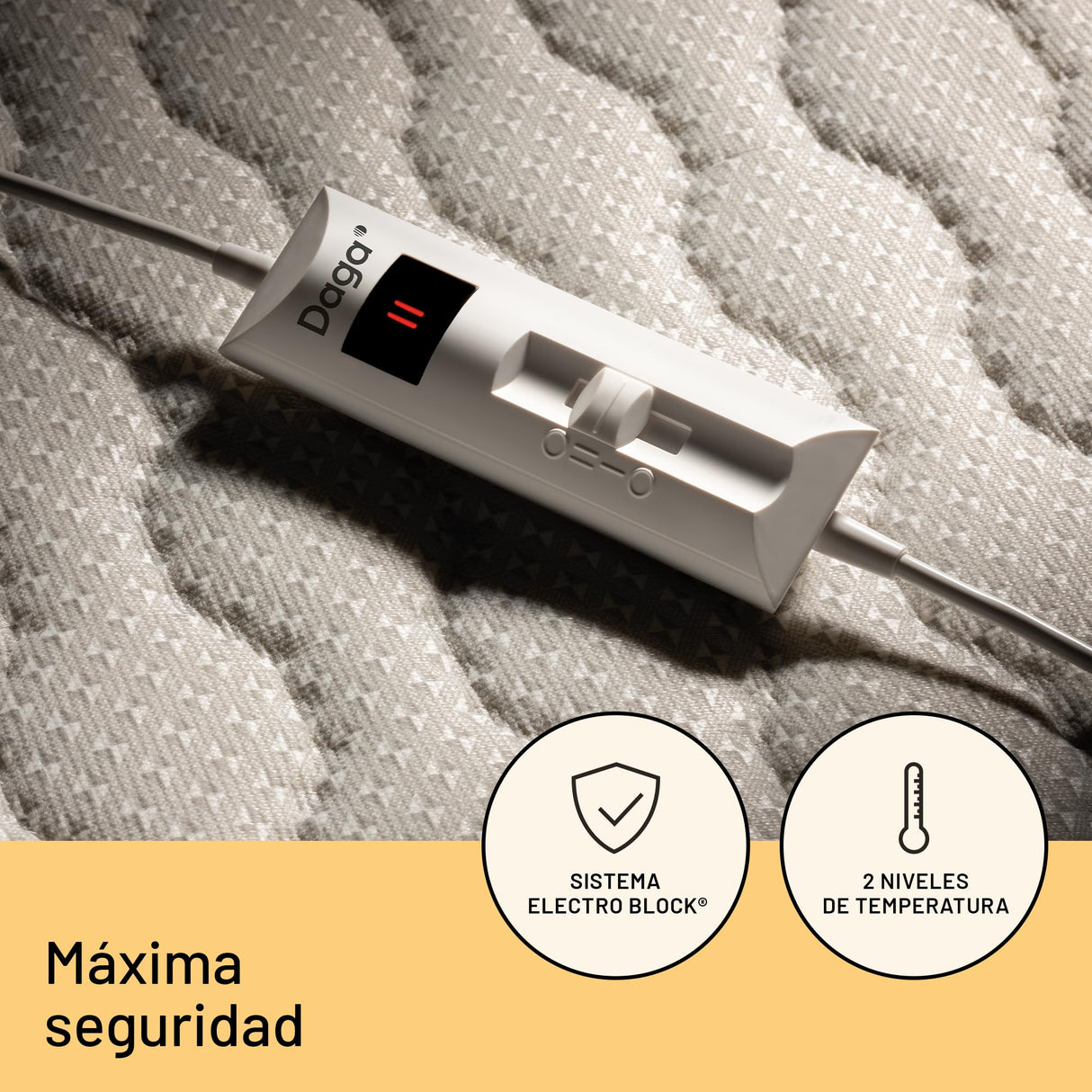 DAGA Calientacamas Doble, Sueño Cálido en tejido hipoalergénico acolchado, sistema de seguridad, 2 Niveles de Temperatura, Ahorro de consumo energético, Certificado OEKO-TEX,150x137 cm