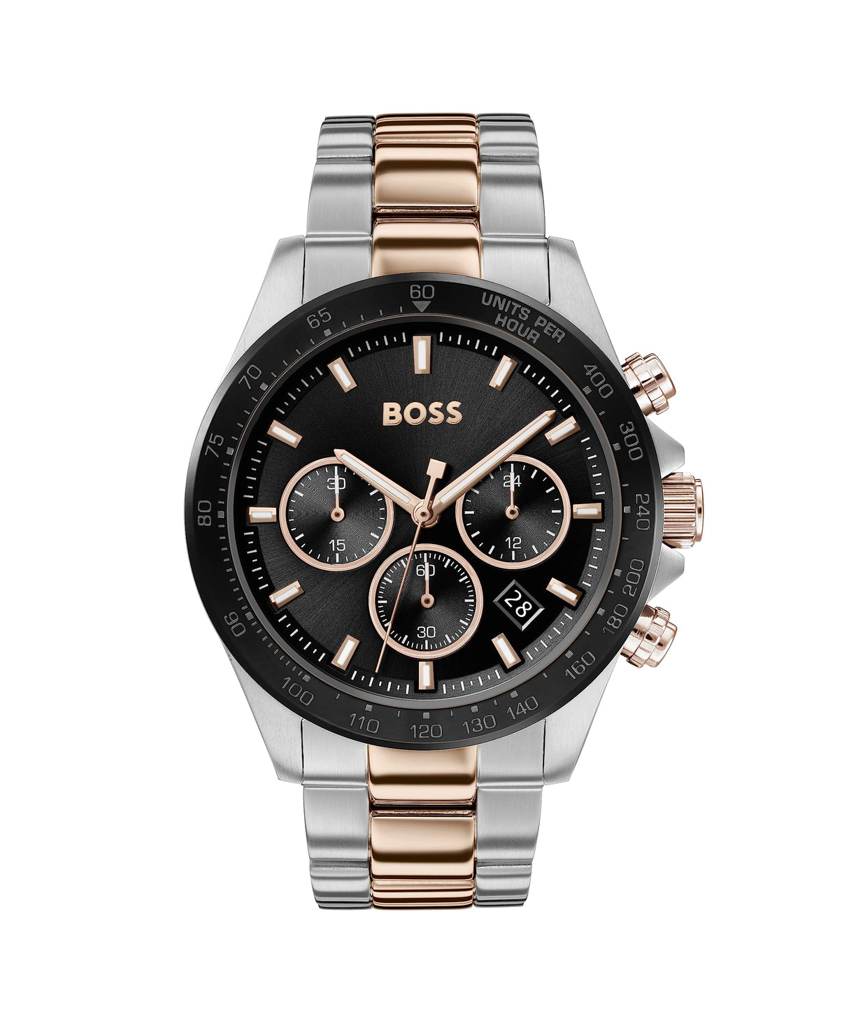BOSS Reloj Cronógrafo de Cuarzo para Hombre de 43 mm Colección HERO con Pulsera de Acero Inoxidable de Eslabones o Malla, Función de Fecha, 3 Sub-Diales, Resistente al Agua hasta 5ATM