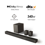 Hisense AX5100G - Barra de Sonido 5.1, 340 W, 7 Altavoces y subwoofer 6.5, Dolby Atmos, DTS Virtual X, Bluetooth 5.0, EZ Play