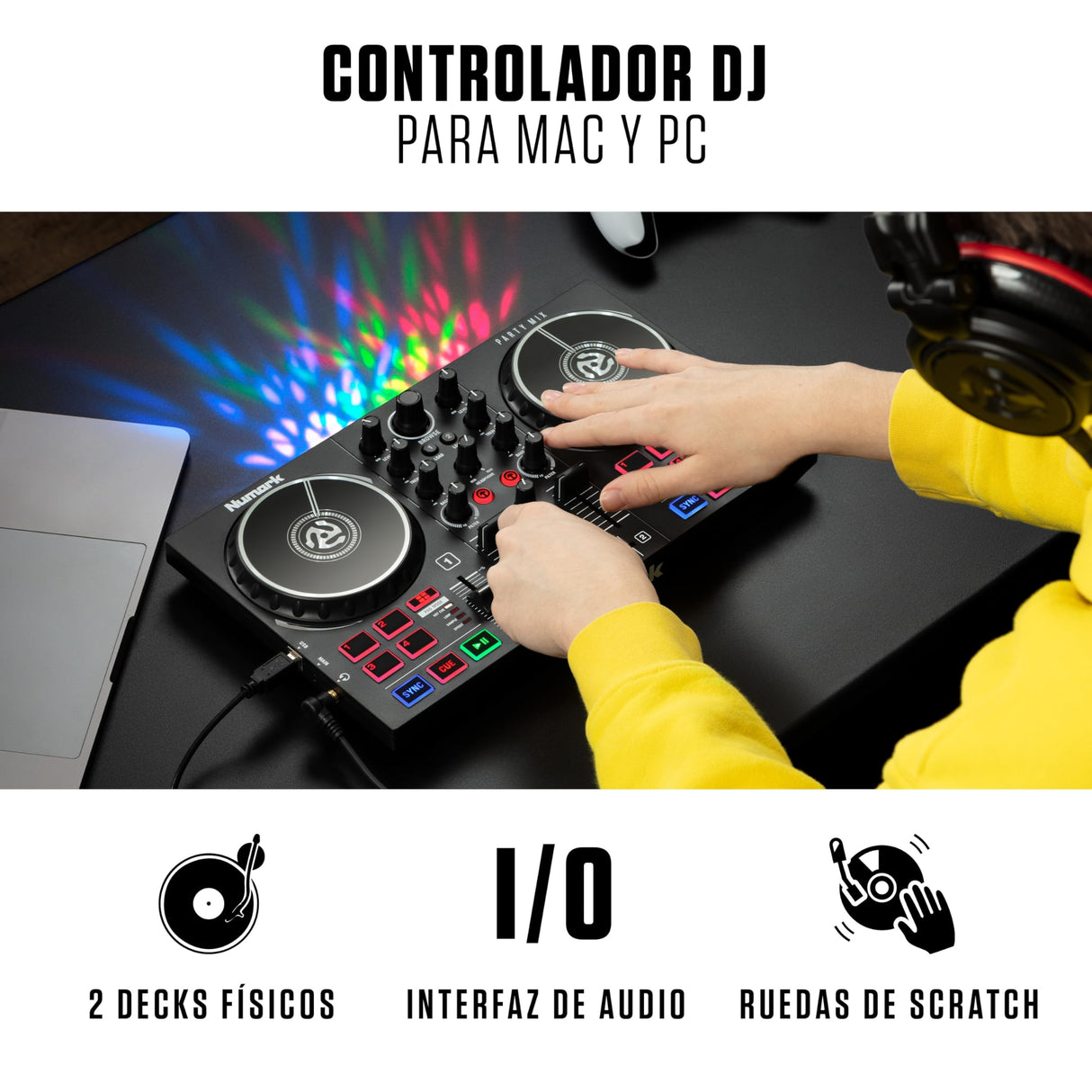 Numark Party Mix II Controladora DJ, Mesa de Mezclas Con Luces Integradas, Mezclador DJ e Interfaz Audio, Con Serato DJ Lite