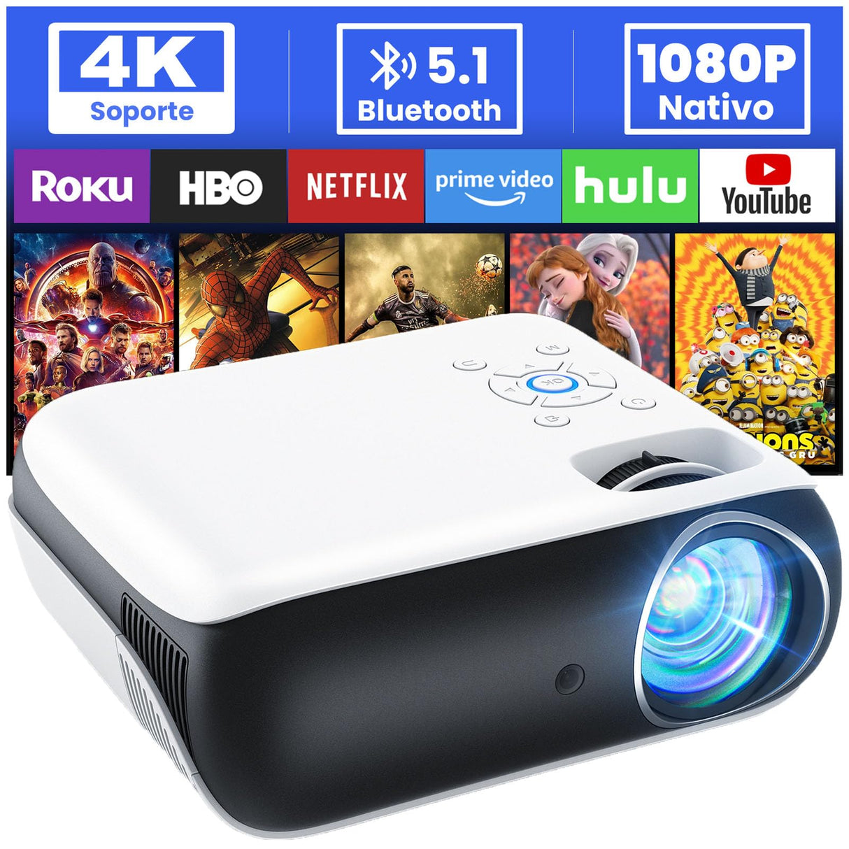 HOPVISION Proyector Portátil, Proyector 4K Supporto Cine en Casa, 9500Lumens Proyector Bluetooth Full HD 1080P, Mini Proyector Compatible con Fire Stick/Smartphone/PS5/HDMI, Pantalla de 100" Incluida