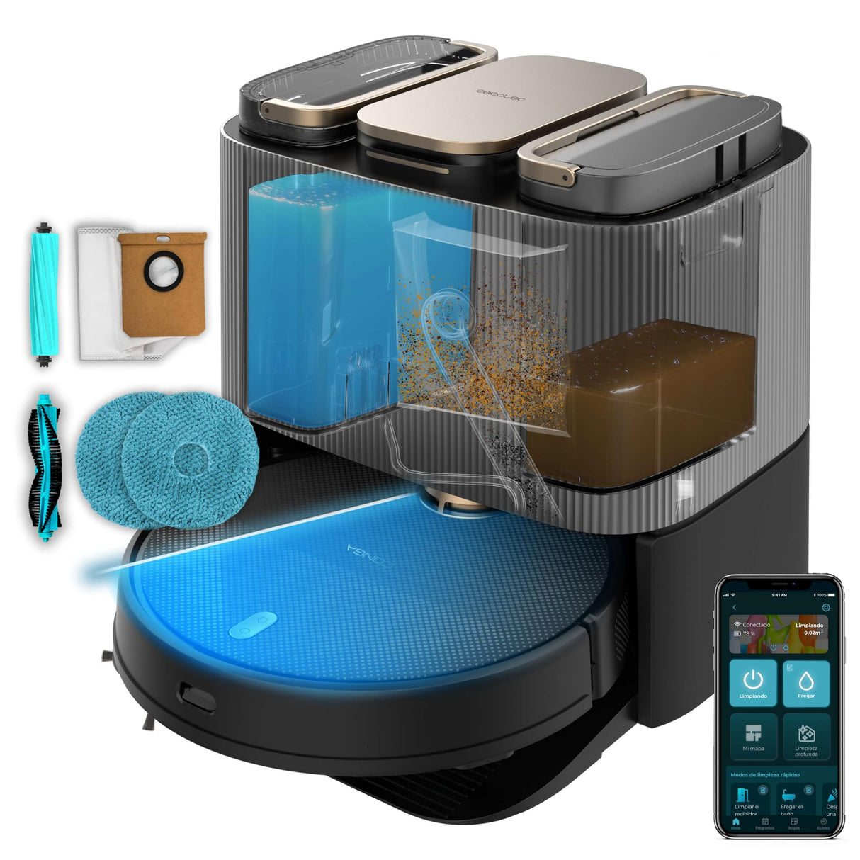 Cecotec Robot Aspirador Autovaciado y Mopas Giratorias Conga 13090 Spin Revolution Home&Wash Essential. 7000Pa, Tecnología Láser, Cepillo de Silicona y Lateral, App, Bluetooth y WiFi 2,4GHz, 5GHz