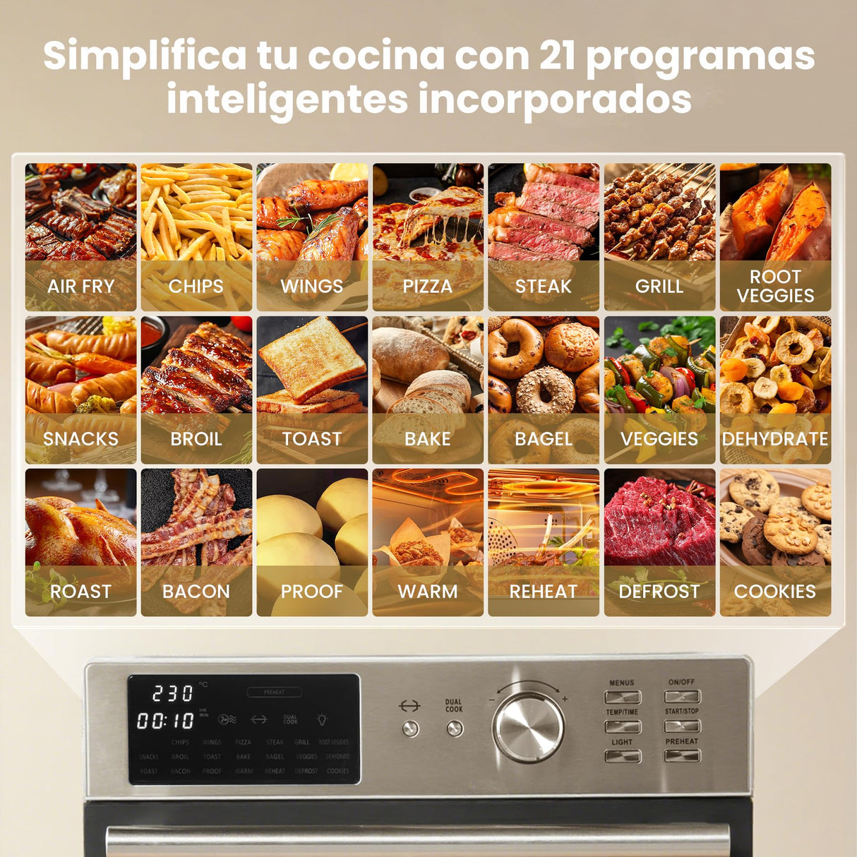 OIMIS Horno Freidora de Aire Caliente 30L, Freidora sin Aceite XXL 1800W, Multifunción sin Aceite 21 Programas, 30 a 230°C,con Mantener Caliente, 7 Accesorios con Recetas