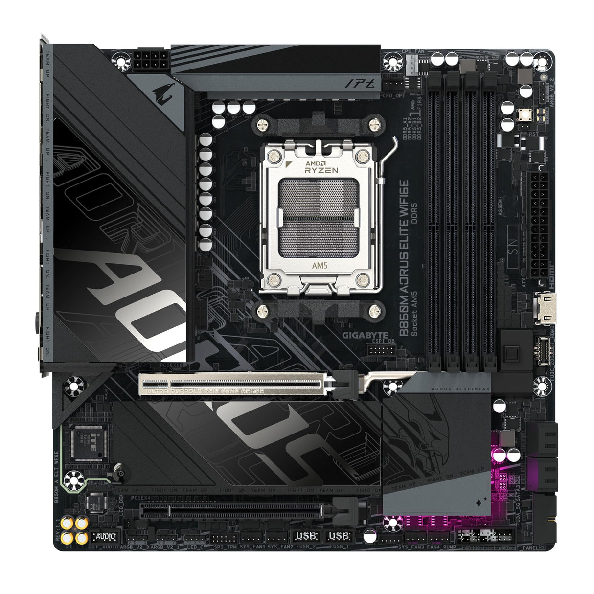 GIGABYTE B850M AORUS Elite WIFI6E Placa Base - Procesadores AMD Ryzen Serie 9000, VRM Digital de 12+2+2 Fases, hasta 8200 MHz DDR5 (O.C.), 1x M.2 PCIe 5.0 + 1x M.2 PCIe 4.0, Wi-Fi 6E, LAN 2.5 GbE
