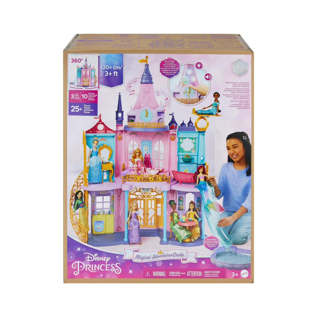 Mattel Disney Princess Castillo aventuras reales Casa de muñecas para princesas con dos pisos, muebles y accesorios, con luces y sonidos, juguete +3 años (HLW29)
