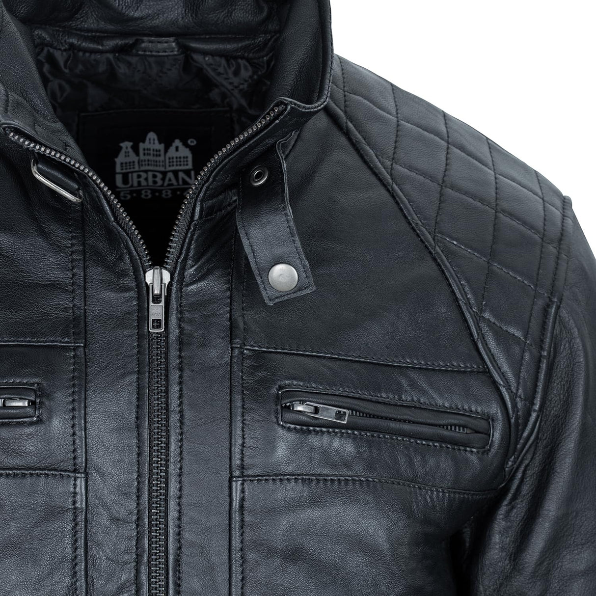 URBAN 5884 Chaqueta de cuero para hombre, SKIMO, Piel de Oveja Genuina, Cazadora Piel Hombre Estilo Motero, 8 bolsillos, Hecha a Mano, Suave y Duradera, Negro, L