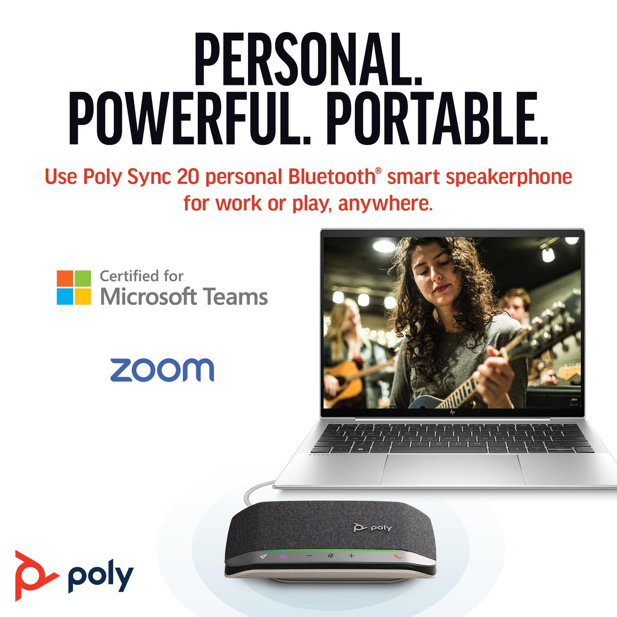 Altavoz manos libres Bluetooth portátil personal Poly Sync 20 (Plantronics) - Larga duración de la batería - Reducción del ruido o de ecos, Funciona: Teams (certificado), Zoom, PC, teléfonos celulares