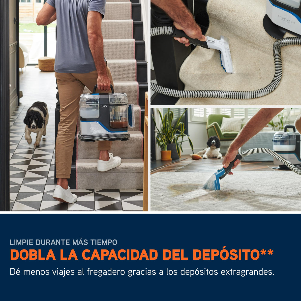 Limpiador quitamanchas Vax SpotWash Max Duo, quitamanchas para alfombras y tapicerías con tecnología SpinScrub, depósitos XL, limpieza profunda para manchas, sofás, suelos duros
