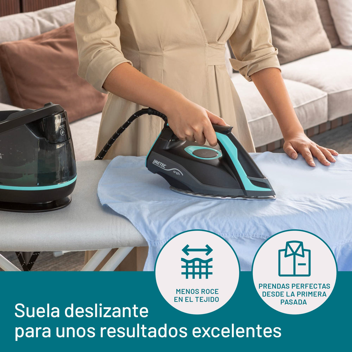Imetec Onda P1, Centro de planchado, Suela Exclusiva a Ondas Patentada, 2400 W, golpe de Vapor 300 g, 3 Filtros Antical con Iones de Plata, Tecnologia No Stop Autonomía Ilimitada