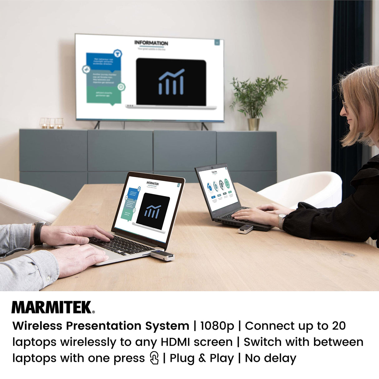 Presentación Inalámbrica HDMI - Marmitek STS2 - Presentación Powerpoint Inalámbrica - Plug and Play sin software - Compatible con Airplay y Miracast - Ampliable hasta 20 presentadores