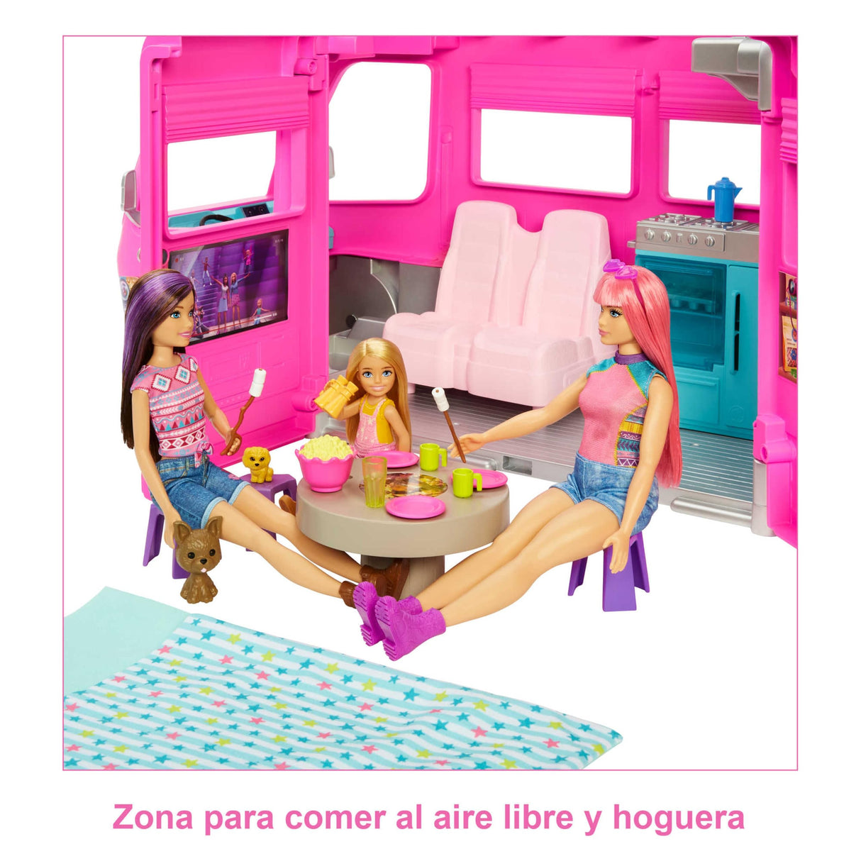 Barbie Supercaravana Dreamcamper 2022 Coche para muñecas con tobogán y Accesorios de Juguete(Mattel HCD46)