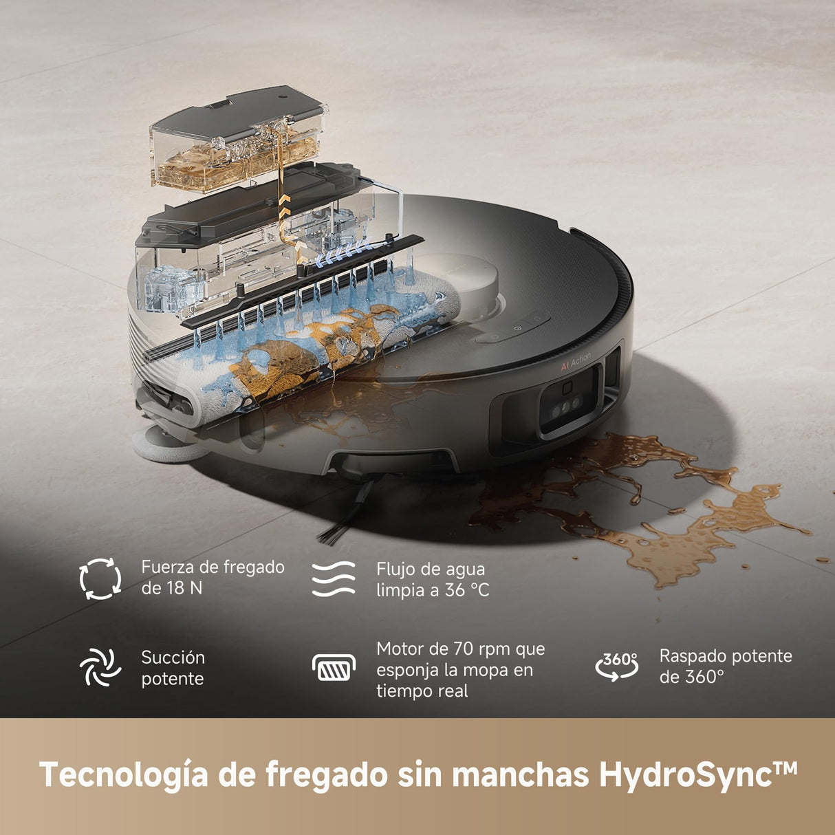 Mova Z50 Ultra Robot Aspirador 19000Pa Succión con mopa, Limpieza con Agua Fresca y 18N Presión, Autolimpieza con Agua Caliente 75℃, Mopa Levantable, Navegación DToF+IA RGB, Autovaciado
