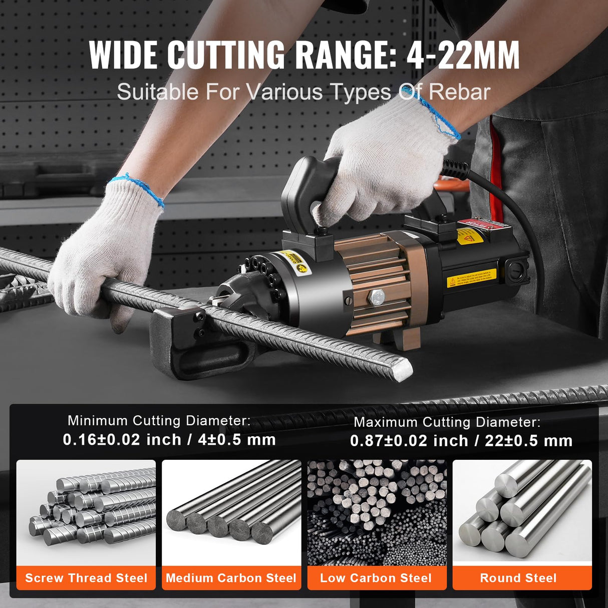 VEVOR Cortadora de Varillas de Refuerzo Hidráulica Eléctrica Portátil de 1500 W, hasta 4-22 mm en 2,5 Segundos, Acero de Alta Potencia con Accesorios Ricos en Aceite, Negro, 435 x 110 x 210 mm