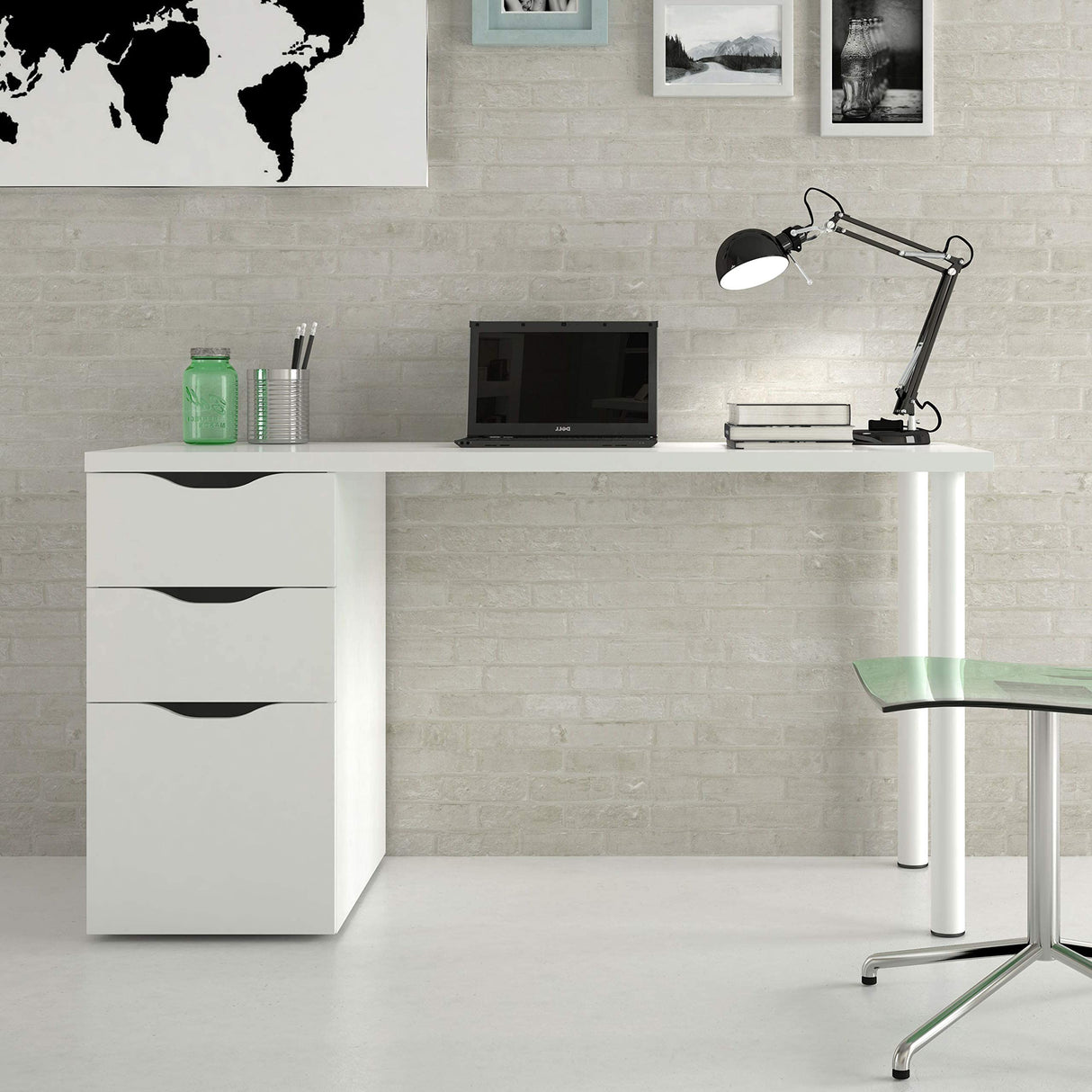 Habitdesign Mesa Ordenador Reversible con 2 Cajones y 1 Puerta, Mesa Despacho, Escritorio, Modelo Athena, Acabado en Color Blanco Artik, Medidas: 138 cm (Ancho) x 60 cm (Fondo) x 74 cm (Alto)
