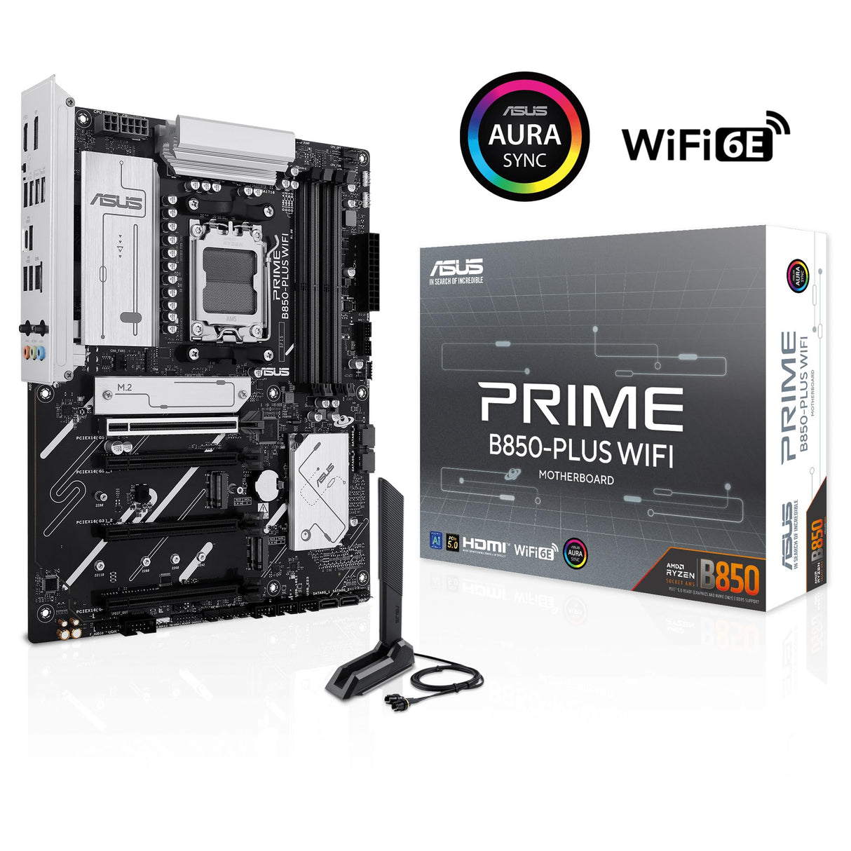 ASUS PRIME B850-PLUS WIFI - Placa base AMD B850 ATX, DDR5, PCIe 5.0 Ready, tres ranuras M.2, Wi-Fi 6E, Realtek 2.5Gb Ethernet, DisplayPort, HDMI, USB 10 Gbps Tipo-A y Tipo-C, BIOS FlashBack, Aura Sync