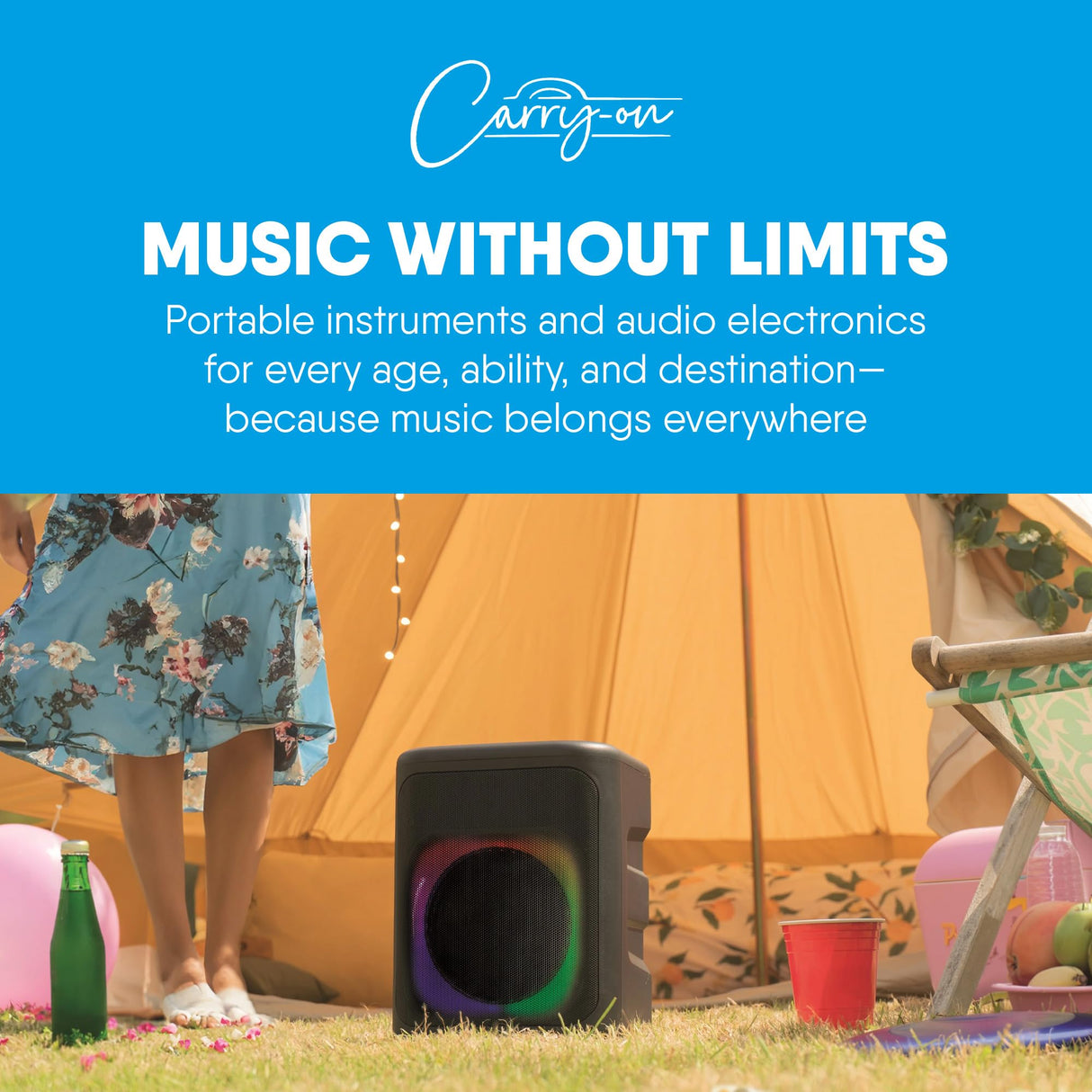 Carry-on Soundtrack Altavoz Bluetooth portátil para Interiores y Exteriores con Luces integradas IPX4 a Prueba de Salpicaduras, 2 entradas de micrófono, Bluetooth, 3 Horas de reproducción