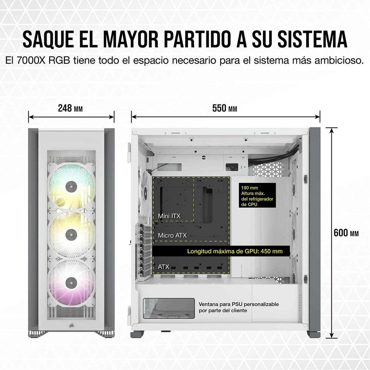 Corsair iCUE 7000X RGB Chasis para PC Inteligente ATX Full-Tower, Tres Paneles de Cristal Templado, Cuatro Ventiladores RGB de 140 mm Incluidos, Espacioso Interior, Blanco