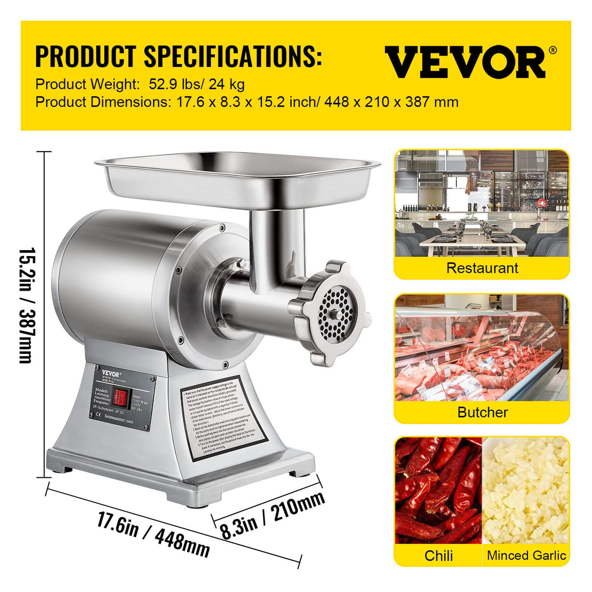 VEVOR Picadora de carne eléctrica 1100 W, capacidad 250kg/h, triturador de carne comercial, material de acero inoxidable para restaurantes supermercados tiendas de restauración rápida carnicerías
