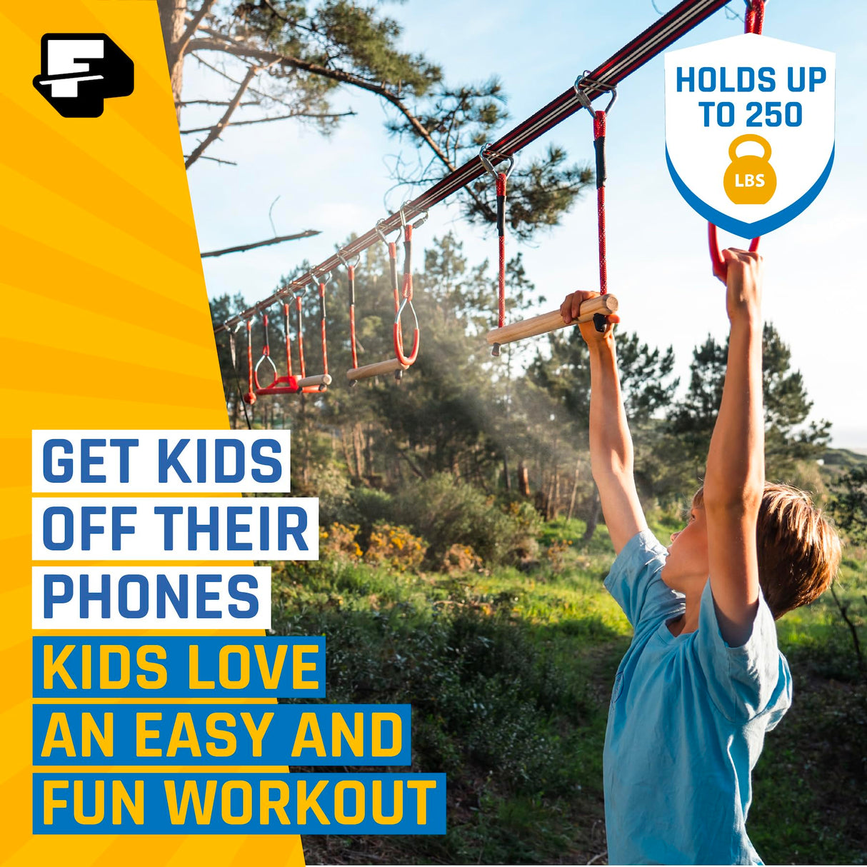 Ninja Warrior Obstacle Course for Kids Outside 19.8 Meters - Ninja Slider Included - Largest 11 Ninja Course Obstacles - Climbing Ladder, Spinning Wheel, Gym Ring
