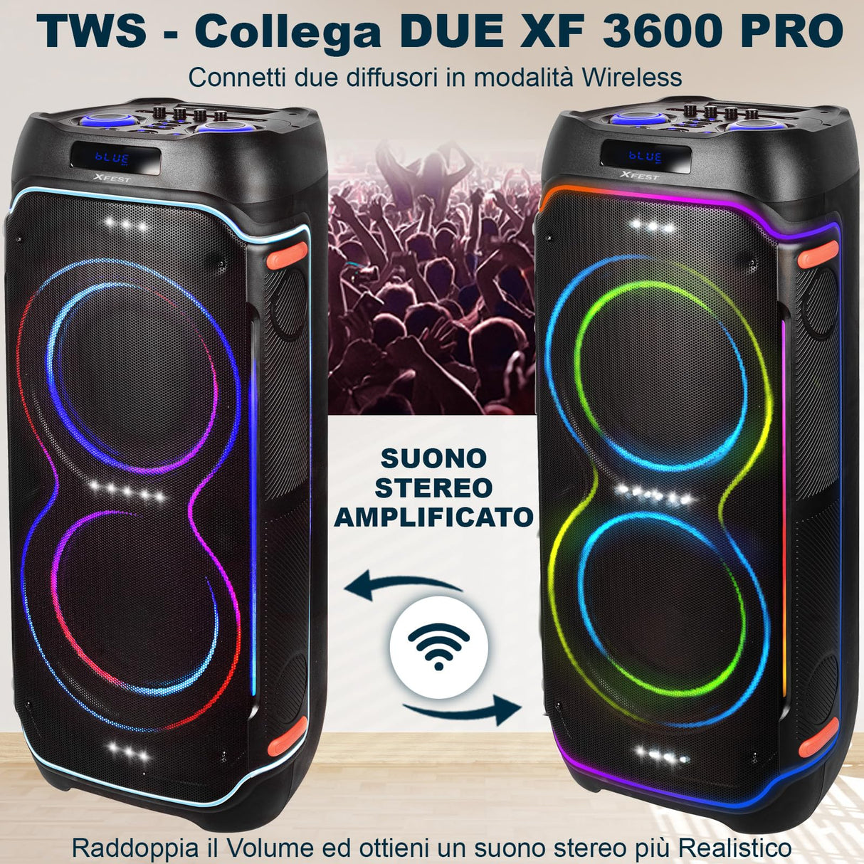 Trevi XFest XF 3600 Pro - Altavoz inalámbrico de 200 W, Altavoz portátil con micrófono inalámbrico Incluido, entradas USB, Micro SD, AUX-IN, función TWS, Karaoke Party Speaker con batería integrada